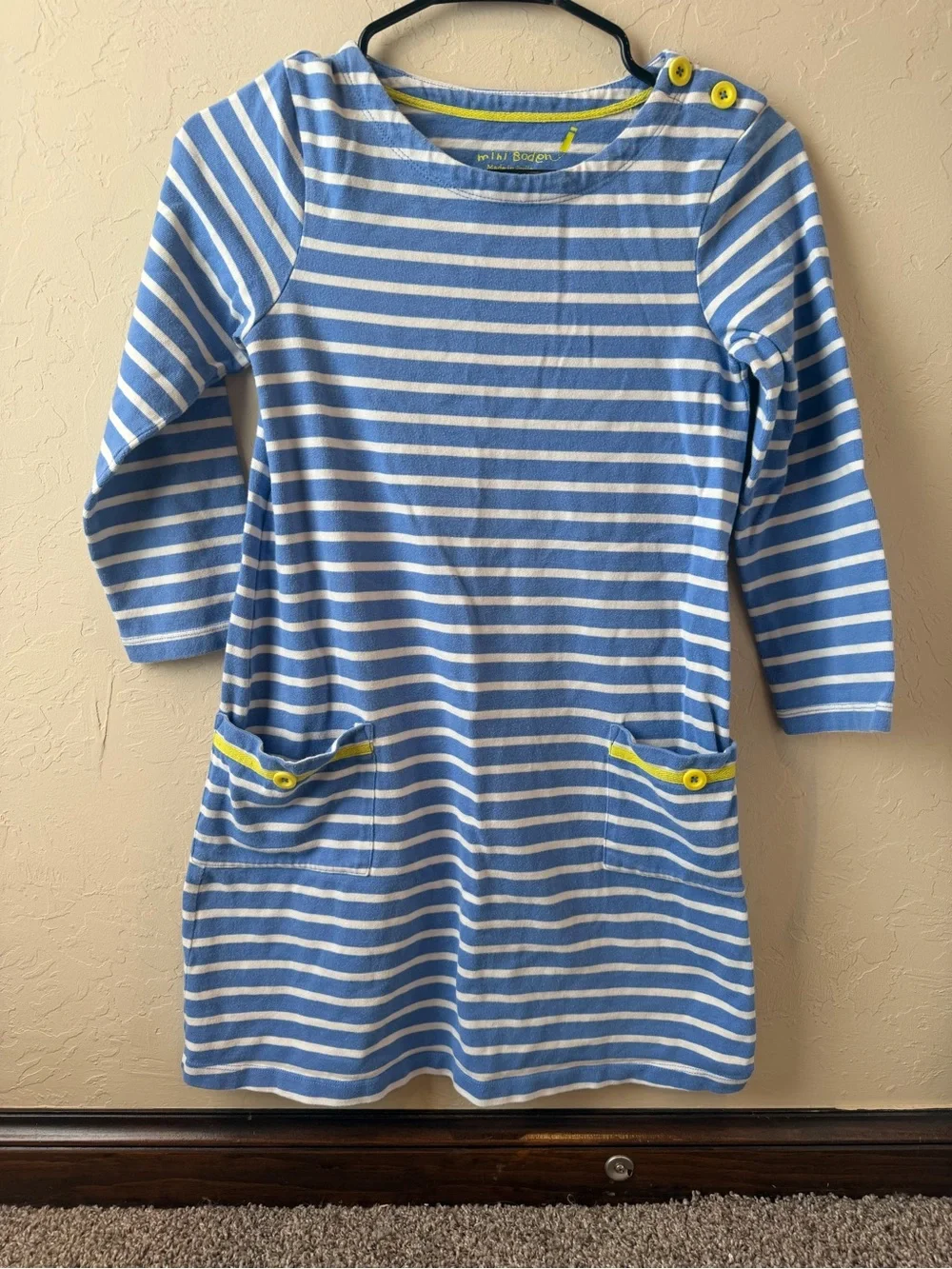 Mini Boden Girls Sailor A Line Dress Blue White Stripes Pockets Size 11-12